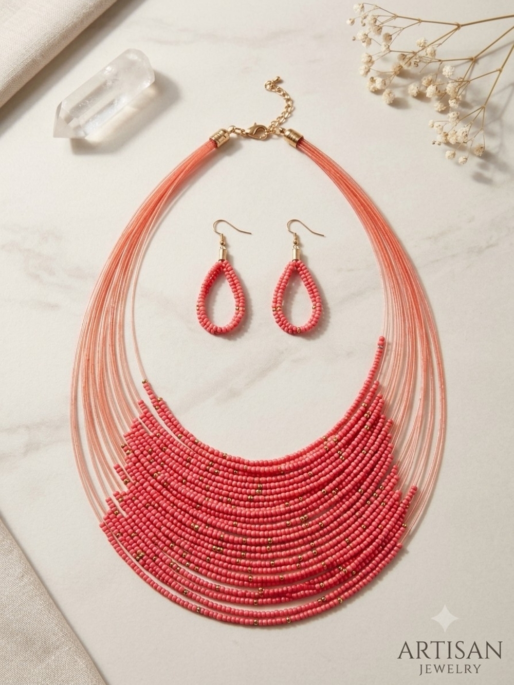 Coral Beaded Multi-Strand Necklace & Earring Set